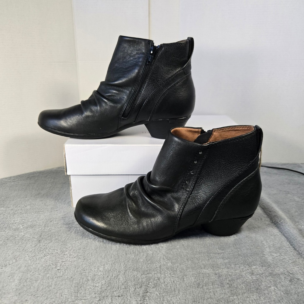 Rockport Cobb Hill CI6225 Black Leather Ruched Ankle Boots Womens Size 8